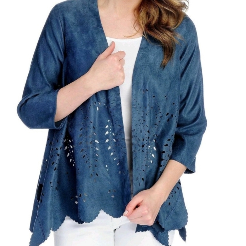 Kate & Mallory Blue 3/4 Sleeve Faux Suede Laser Cut Cascade Cardigan Size 1XL